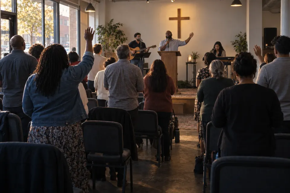 Pentecostal congregation in a storefront church, hands raised