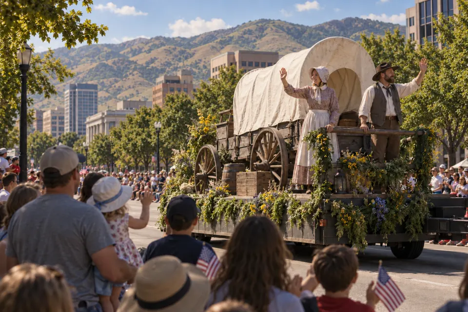 Days of '47 parade float, bonnets