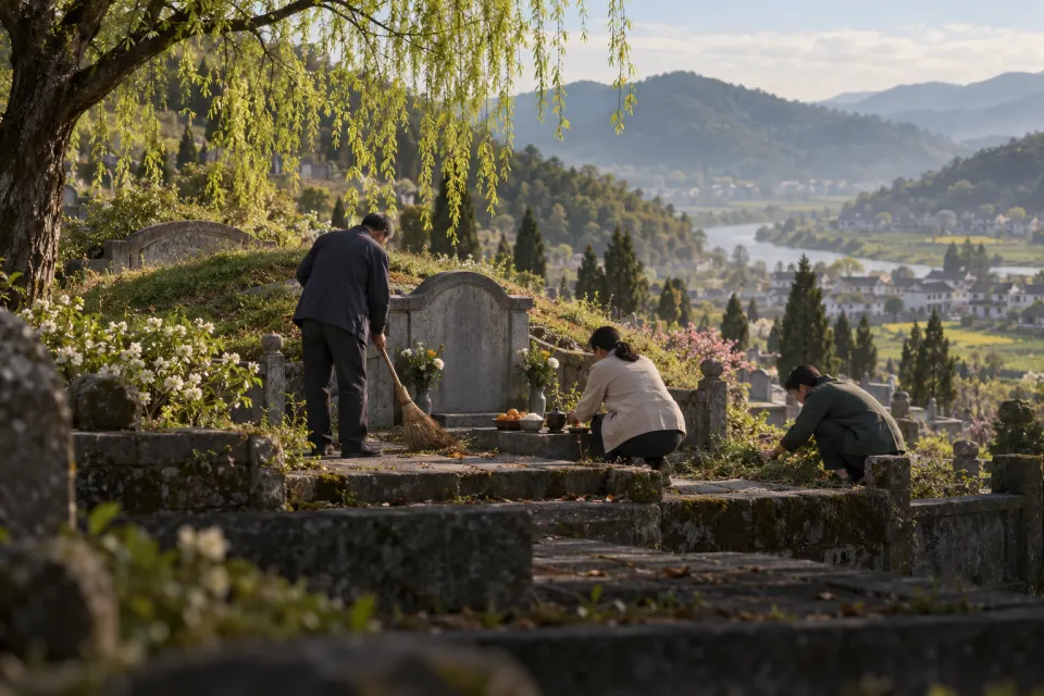 grave-sweeping with willow and paper money