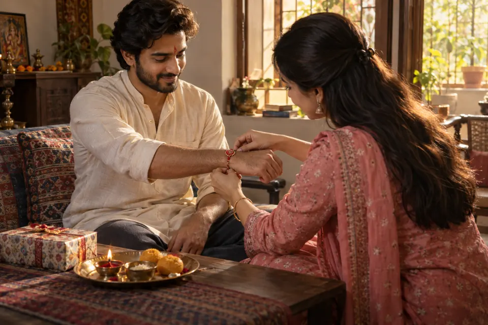 tying the rakhi, sweets on a tray