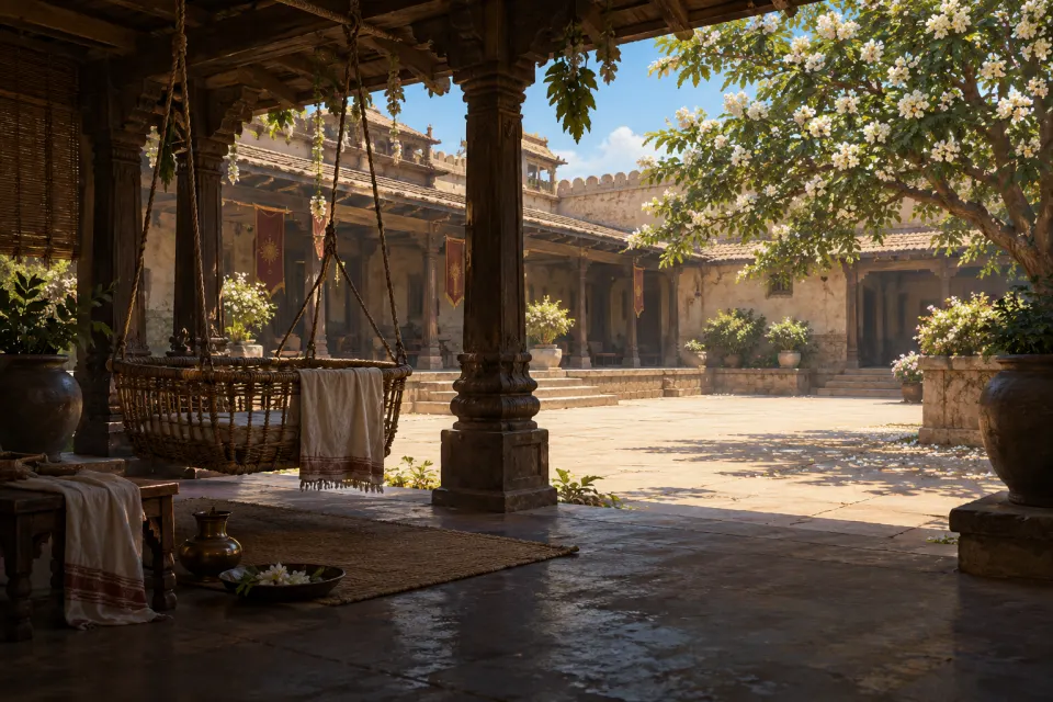 Ayodhya at Rama's birth, Dasharatha's court, noon