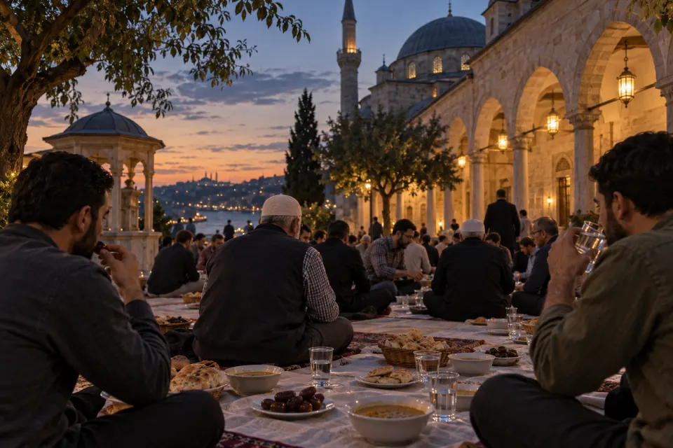 iftar table in a mosque courtyard, dates and water, lanterns