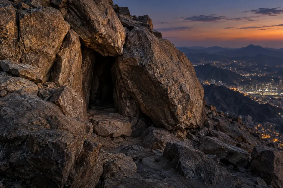 the cave of Hira above Mecca at night, no figure