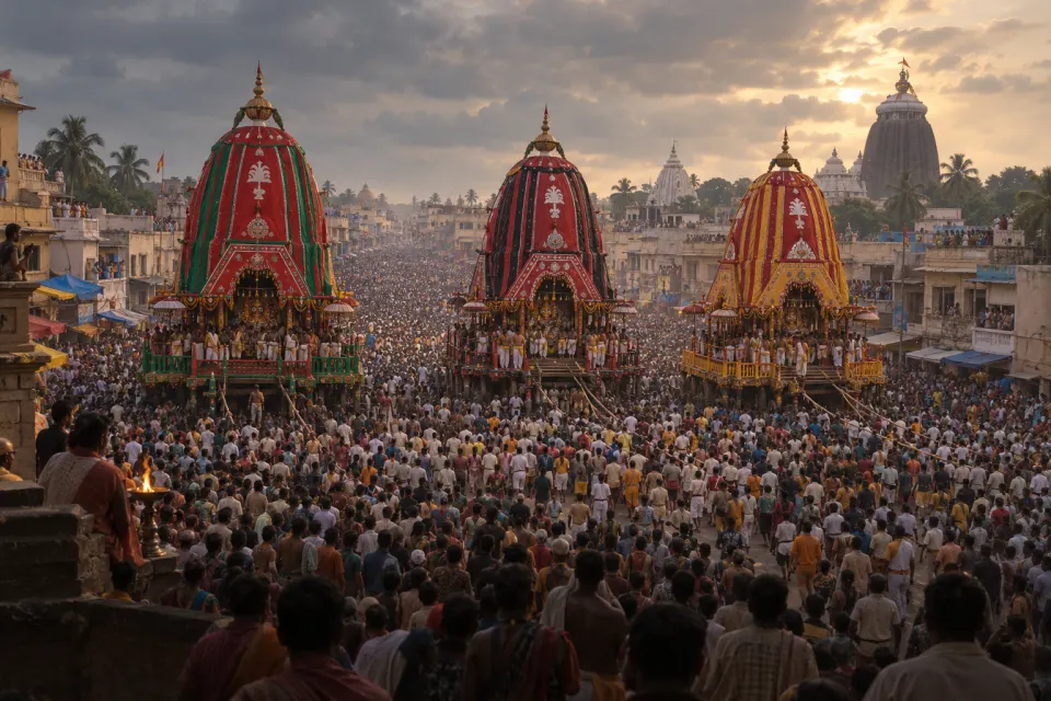 the three chariots on the Grand Road, ropes and crowd