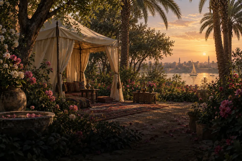 the Garden of Riḍván on the Tigris 1863, roses, tents