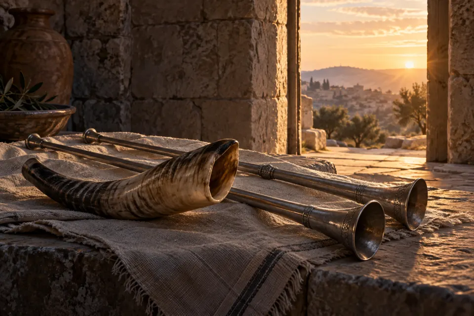 Temple-era trumpet blowing from the walls, no figures of God