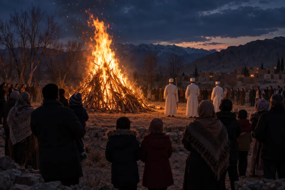 the Sadeh bonfire outside Kerman, mobeds in white
