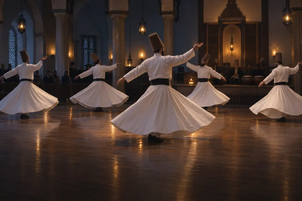 whirling sema in Konya, white skirts, tennure