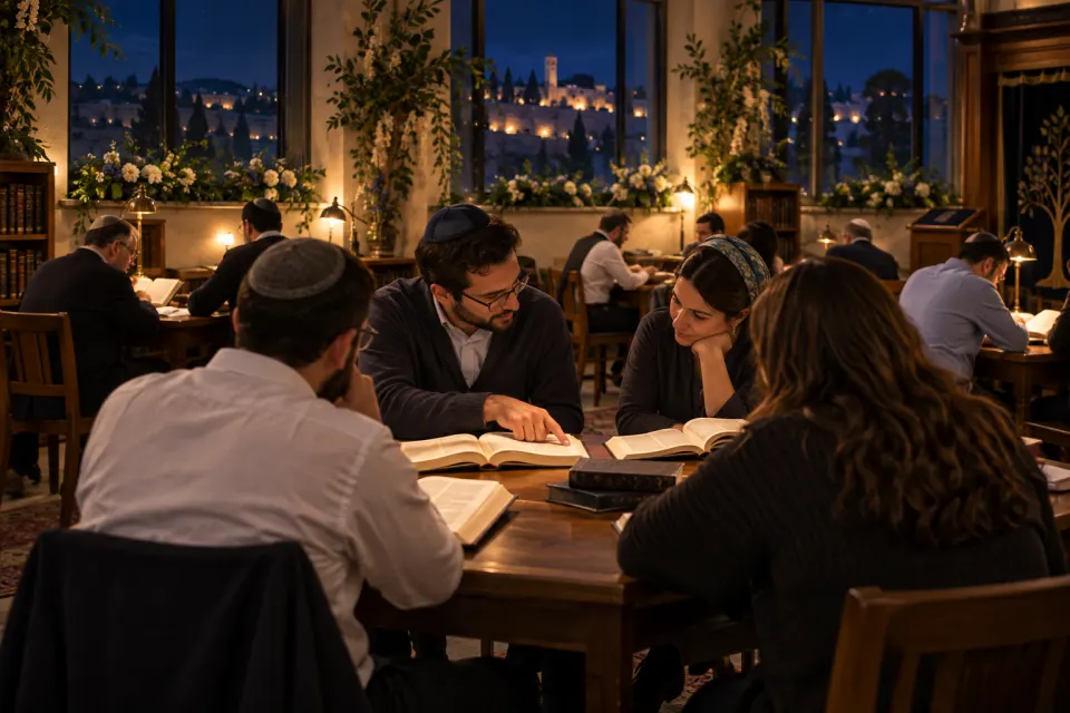 synagogue decked with greenery, all-night study