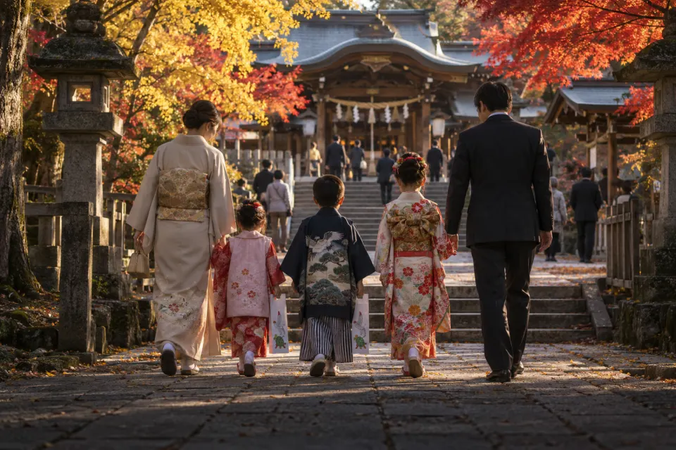 children in kimono at a shrine in November
