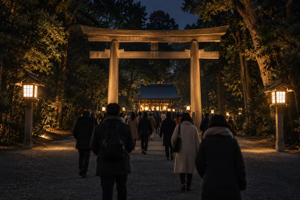 hatsumōde queue at Meiji Jingu at night