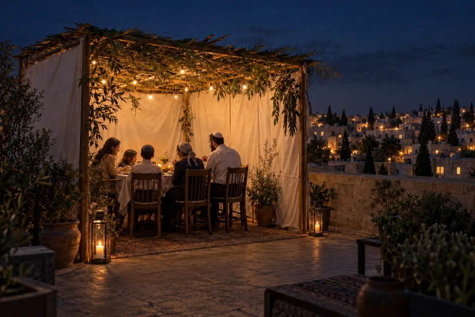 a sukkah roofed with palm fronds on a balcony