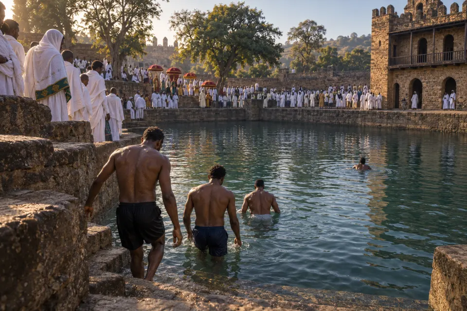 dawn immersion crowd in white at the pool