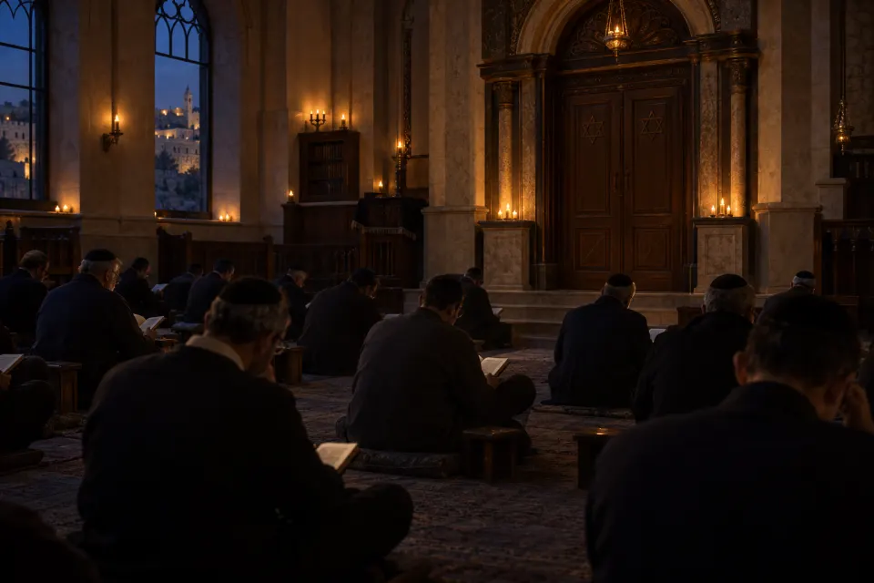 sitting on the floor by candlelight, low benches