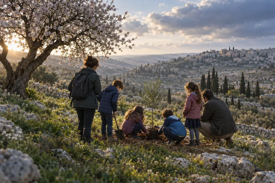 almond blossom in the Judean hills, children planting