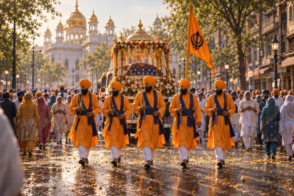nagar kirtan with the Panj Pyare, nishan sahib