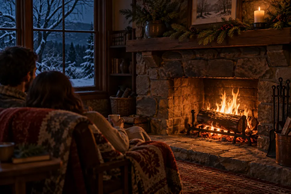 a Yule log hearth, evergreens, twelve nights