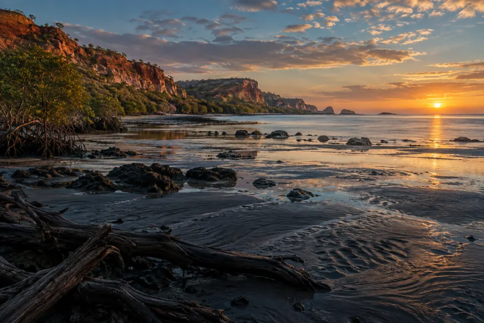 A wide empty tidal shore of northern Australia, mangroves and red cliffs, a log-and-bark raft drawn up on the sand, tiny distant figures walking inland, blue dawn over the water