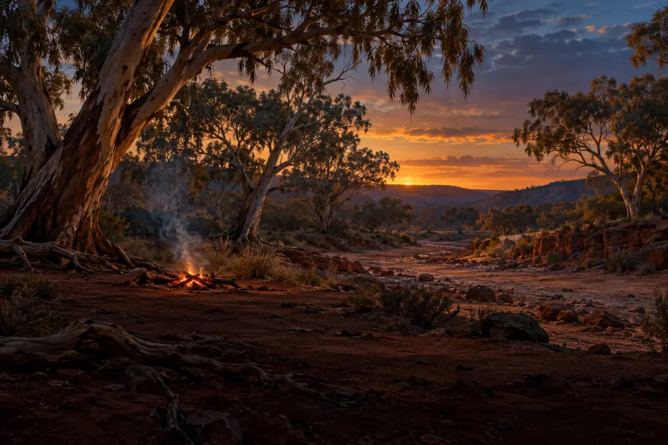 An open cleared ground beside a dry red-earth creek bed under old gum trees, a ground fire with smoke rising, a few seated onlookers seen small from behind at the far edge, firelight at dusk