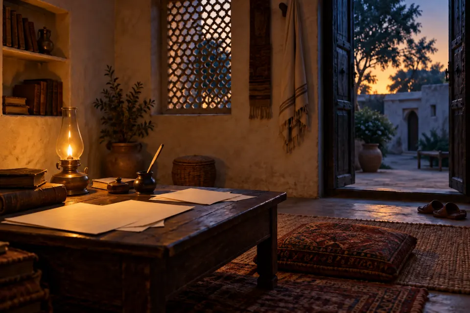 Handwritten pages, an inkwell and a reed pen on a low desk beside a lamp in a mud-brick courtyard house at Qadian, Punjab, 1880s, disciples' sandals at the door, warm lamplight at dusk