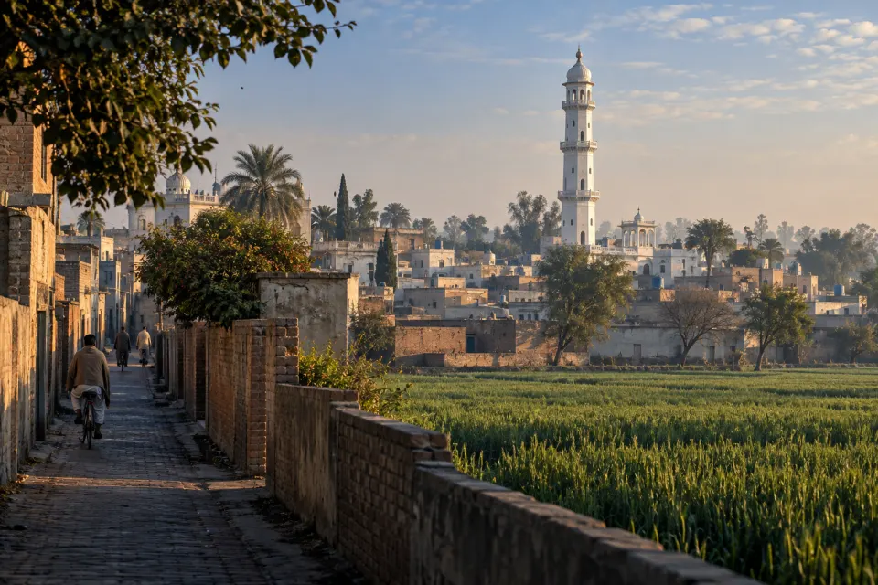 Qadian, Punjab: brick lanes, a white minaret and flat roofs among green wheat fields, villagers on bicycles in the lane, clear winter morning haze