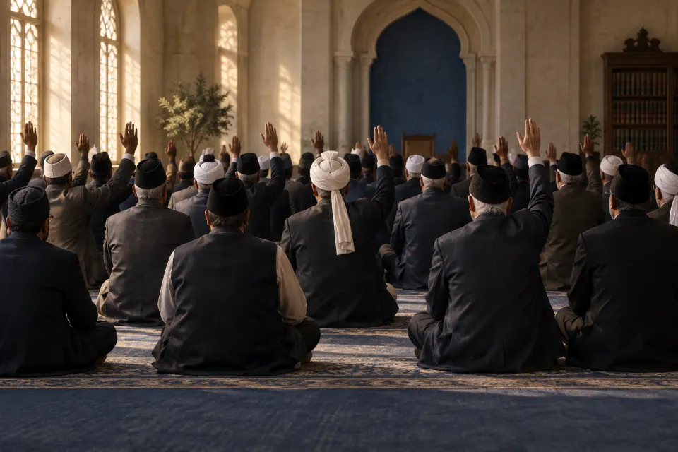 Senior Ahmadi men in dark suits, waistcoats and turbans seated in rows on a plain carpeted hall floor, seen from behind, gathered to choose a khalifa, soft window light on a calm empty foreground