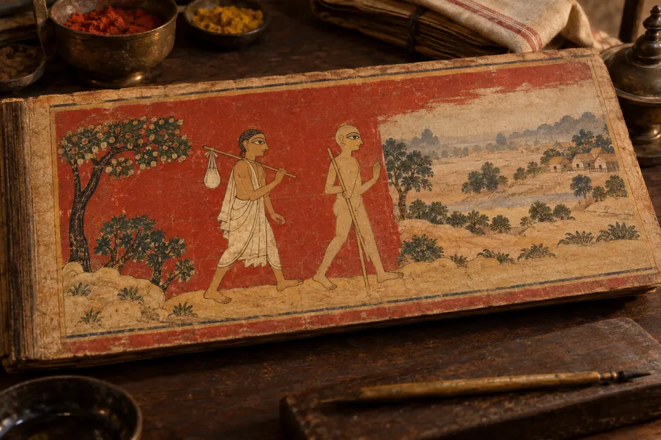 Two ascetic wanderers walking a dusty Ganges-plain road toward Shravasti, as a 15th-century Jain Kalpasutra folio in red and ochre, misty dawn of the 6th century BCE