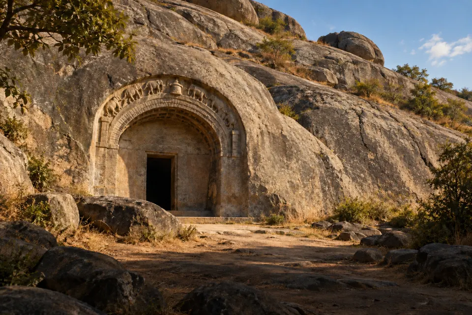 Rock-cut caves in the granite Barabar Hill north of Gaya, Bihar, polished chamber entrances carved for Ajivika ascetics under Ashoka, hard morning sun on boulders
