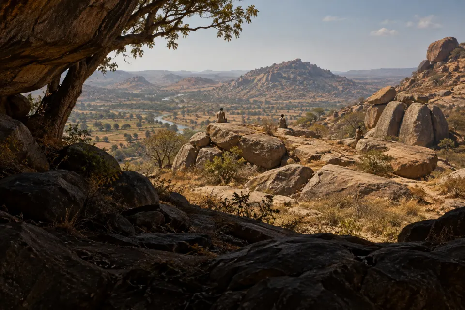 Gaunt Ajivika ascetics sitting motionless in a fast on bare rock, small and far off with backs turned, ancient Bihar hillside, hard noon sun, dry scrub and boulders