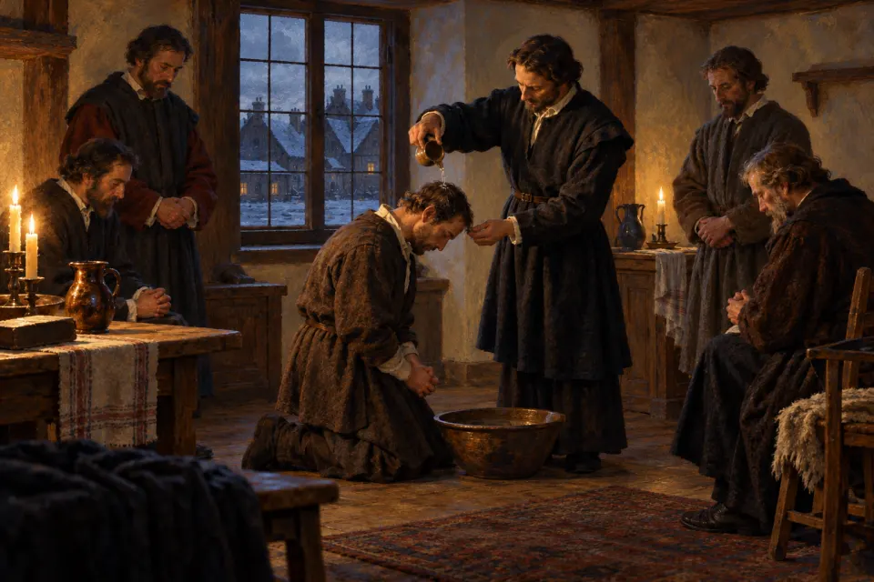 Conrad Grebel baptising George Blaurock in a bare Zürich room on 21 January 1525, a few men in plain 16th-century wool gathered round a basin of water, shown as a Reformation-era painting, winter candlelight