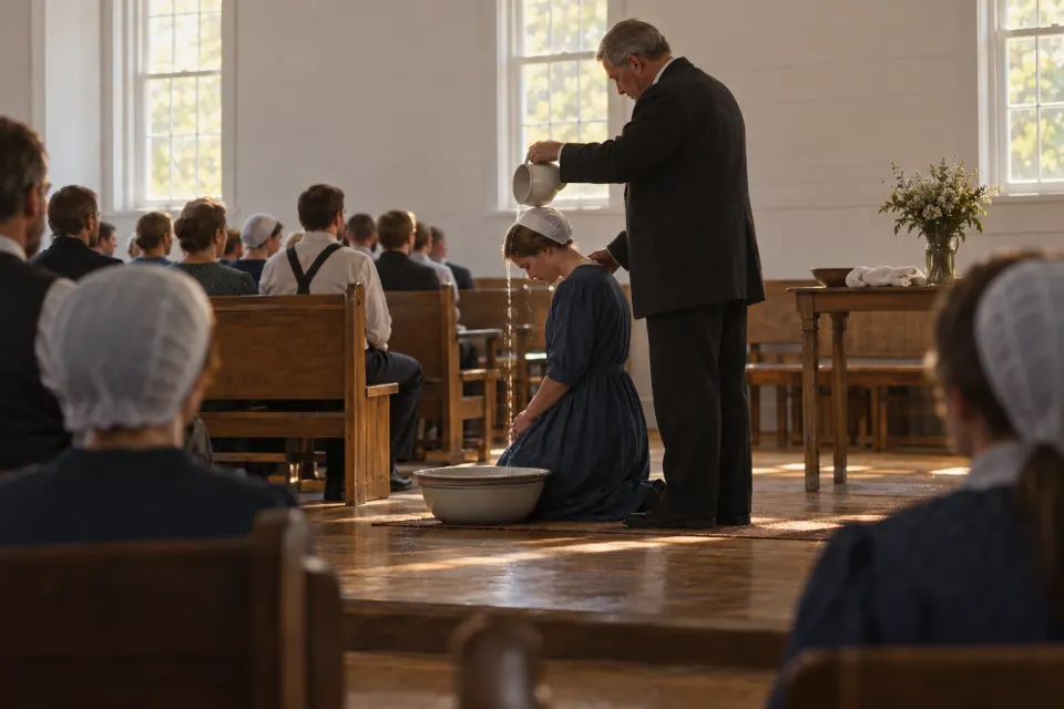 A young adult kneeling to be baptised by a minister pouring water, in a plain white Mennonite meetinghouse in Lancaster County, Pennsylvania, members in modest present-day dress seated behind, clear morning light