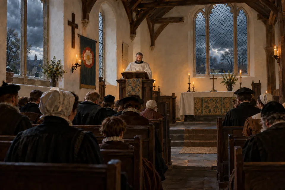 A Tudor parish church in 1559, whitewashed walls and clear windows, villagers in Elizabethan dress listening as a priest in surplice reads from a great Book of Common Prayer on the lectern, storm light at the windows