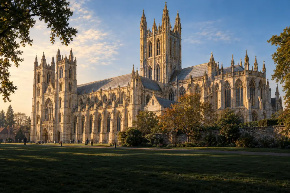 Canterbury Cathedral seen across its precincts from the south-west, Bell Harry tower rising over pale stone, visitors small on the lawn, clear early morning light with long shadows
