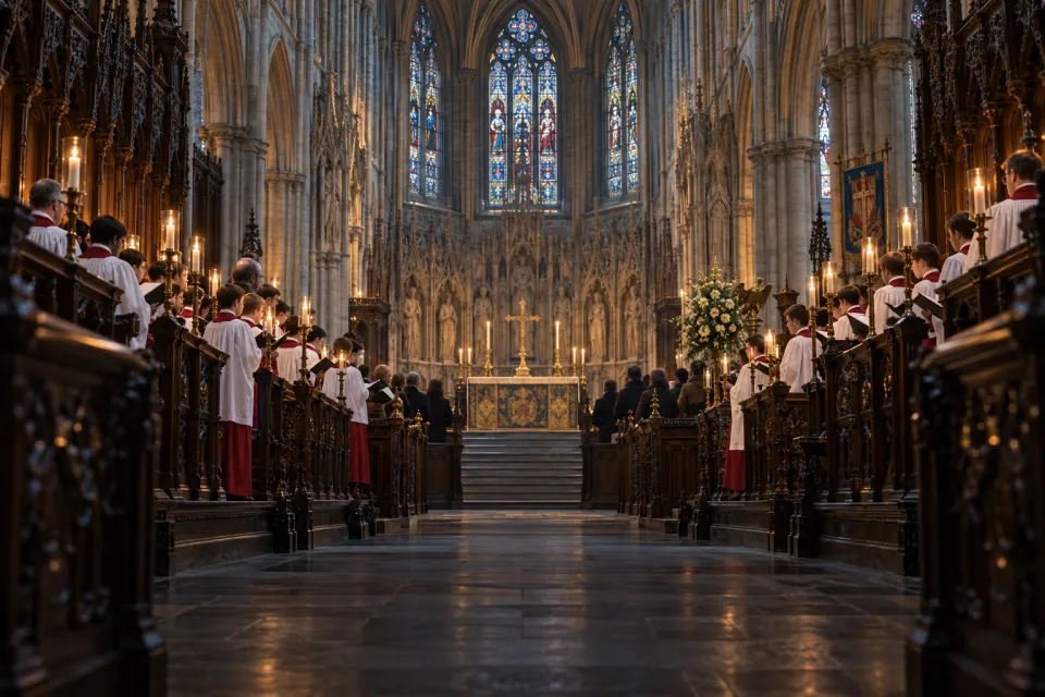 Choral Evensong in the quire of Canterbury Cathedral, choristers in red cassocks and white surplices in carved oak stalls, a few worshippers in present-day dress, candles and late winter light in the stained glass