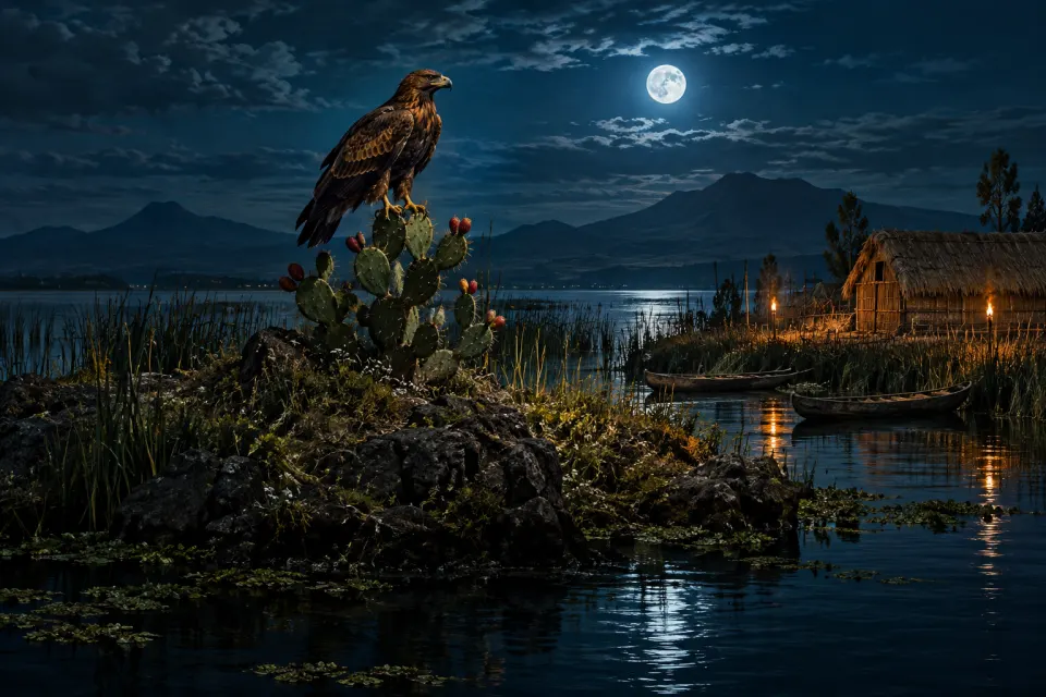An eagle perched on a prickly-pear cactus on a small marshy islet in Lake Texcoco, 1325, a simple reed-thatched shrine and canoes of the wandering Mexica beside it, jewel-toned moonlit night with torches