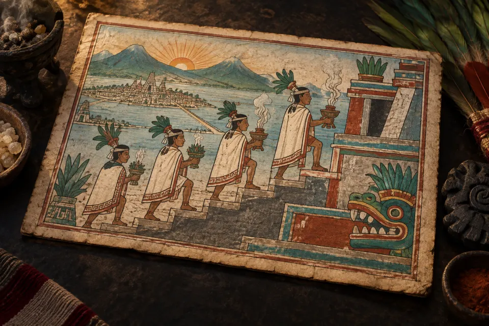 Mexica priests in white cotton mantles and feather headdresses climbing the steps of the Templo Mayor with copal censers and maguey-spine offerings, c. 1500, painted as in the Florentine Codex, sunrise