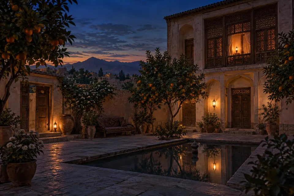 A merchant's courtyard house in Shiraz at dusk, 22 May 1844, orange trees and a pool, a turbaned visitor seen small from behind crossing the court, one lit upper window, deep lapis sky