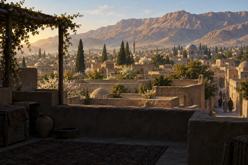 Shiraz, Iran: the old city's mud-brick roofs, domes and cypress trees below the Zagros hills, clear spring morning, 19th-century view with a few figures far off in Qajar dress