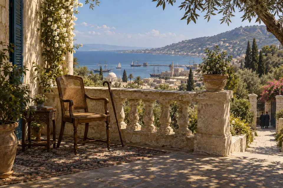 A stone house terrace in Haifa, 1910s: an empty cane chair and walking stick facing the bay and Mount Carmel, visitors in fezzes and robes small at the garden gate, clear midday light