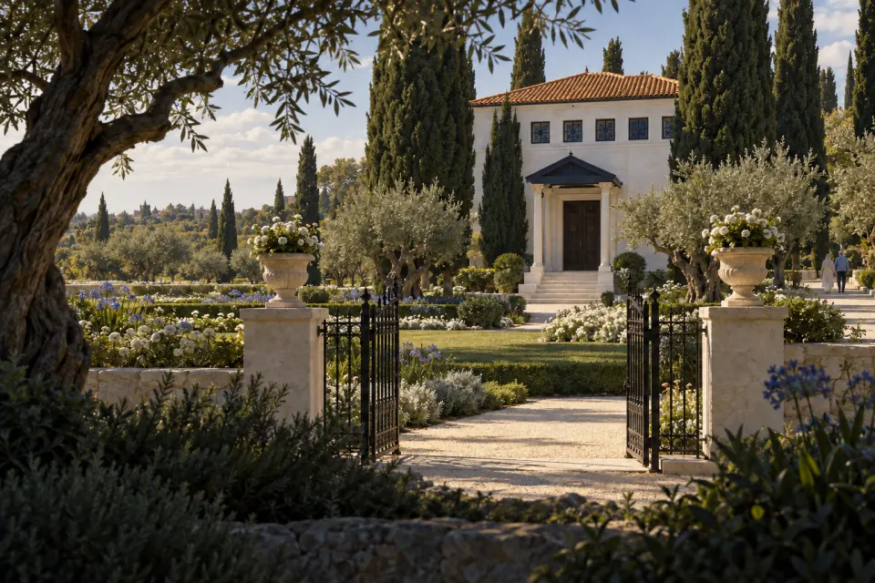 The Shrine of Bahá'u'lláh at Bahjí near Acre: a low pale colonnaded shrine in lawns and gardens of cypress and olive, a few pilgrims walking the paths far off, Mediterranean morning