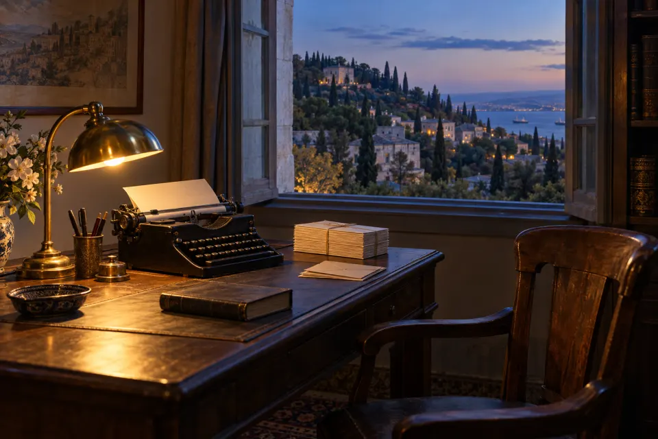 Illustration · AI-generated A writing desk by an open window in Haifa, 1940s: typewriter, stacks of letters tied with string, a bound volume and a lamp, Mount Carmel beyond, no person present, warm evening lamplight