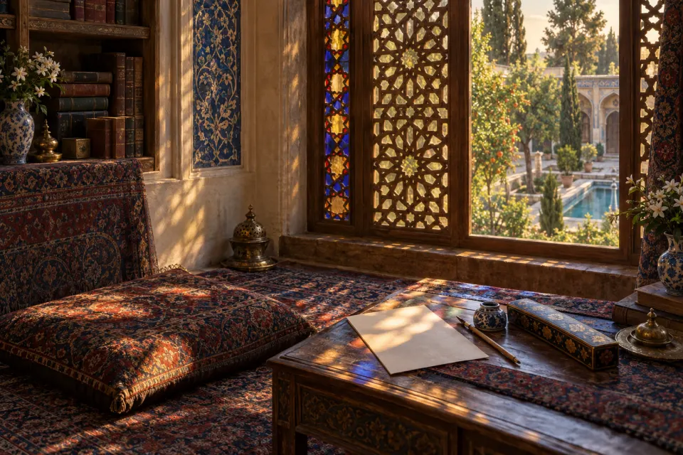 Illustration · AI-generated An upper reading room of a Qazvin clerical house, Qajar era: a pen case, inkwell and a poem leaf on a cushion by a carved lattice window, books on a low shelf, garden beyond, jewel-toned afternoon