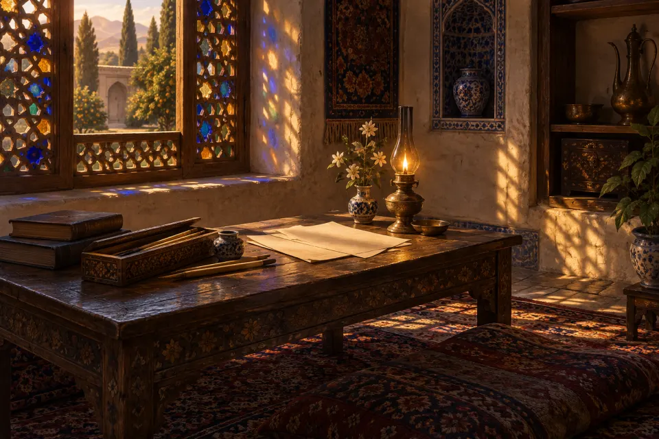 Illustration · AI-generated A merchant's desk in a Shiraz house, 1840s: pen case, ink, unreadable manuscript pages and a brass lamp beside an empty cushion, lattice window with coloured glass, jewel-toned late light