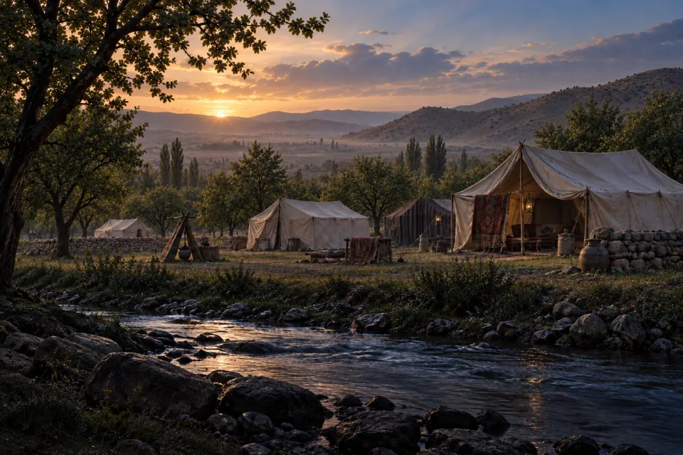 A hillside camp of tents beside orchards and a stream at Badasht, northern Iran, 1848, Bábí followers in Qajar dress small and far off, pre-dawn mist and cold blue light
