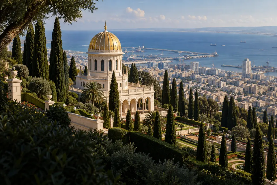 The Shrine of the Báb on Mount Carmel, Haifa: gold dome and marble arcade above terraced gardens and cypresses, the city and sea below, clear mid-morning light