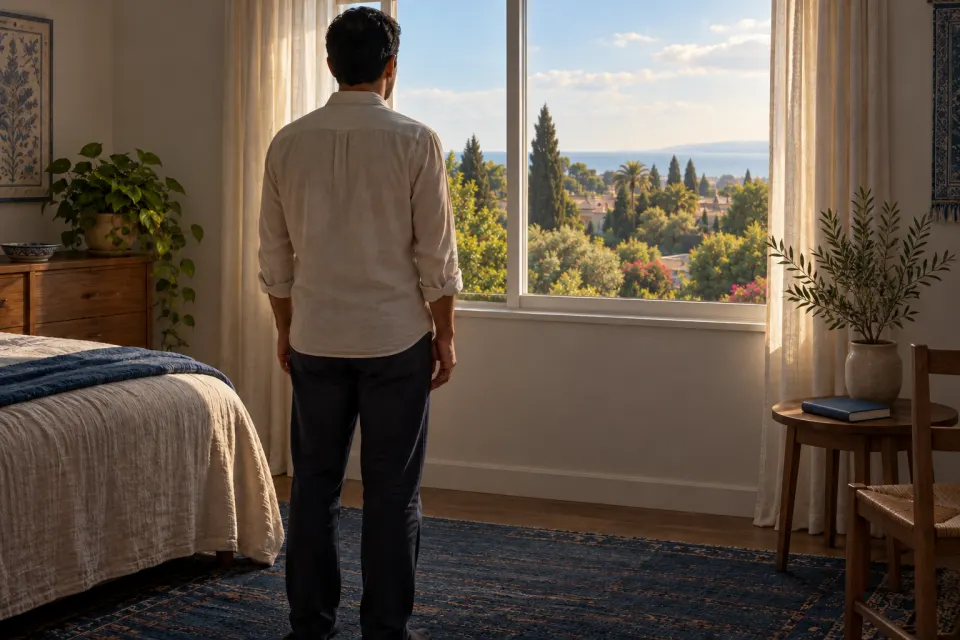 A Bahá'í seen from behind standing in a quiet modern bedroom at dawn, facing a window, a small prayer book and a glass of water on the table, soft blue light, calm lower frame