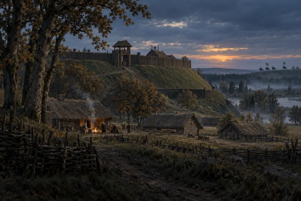 A timber hillfort and oak grove of the Balts on the Lithuanian plain, 13th century, thatched huts and a hearth fire, crusader horsemen of the Teutonic Order on the far ridge, cold blue overcast dusk