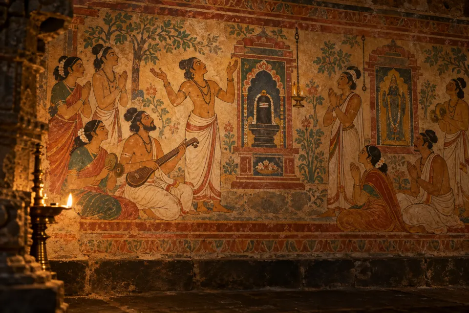 Tamil poet-saints of every caste, women among them, singing hymns to Śiva and Viṣṇu before a stone shrine, as a Chola-era wall mural, oil-lamp glow, 8th-century Tamil country