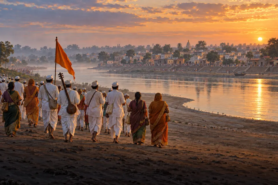 The 12th-century Viṭhobā temple at Paṇḍharpūr on the Bhīma River, Vārkari pilgrims in white walking in a line and singing on the bank, Maharashtra, misty dawn