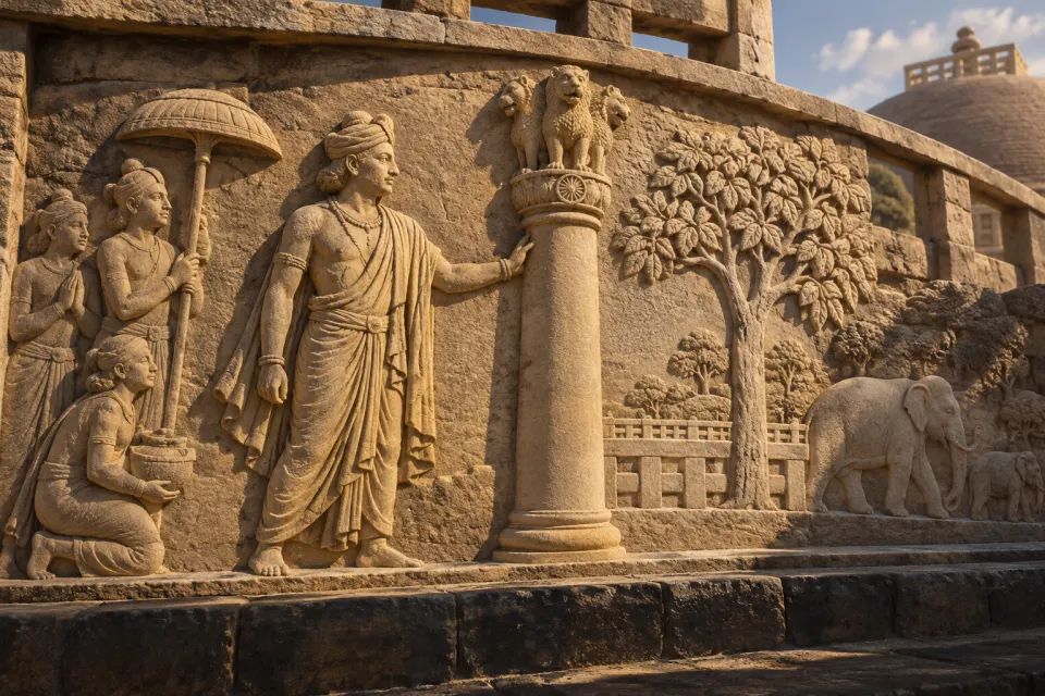 Illustration · AI-generated Ashoka, Mauryan emperor in turban and jewelled dress, beside a polished sandstone pillar with a lion capital, as a Sanchi-style stone relief, 3rd century BCE, hard noon sun